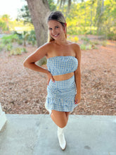 Load image into Gallery viewer, Gingham Tube Crop Top and Ruched Mini Skirt Set
