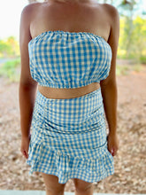 Load image into Gallery viewer, Gingham Tube Crop Top and Ruched Mini Skirt Set
