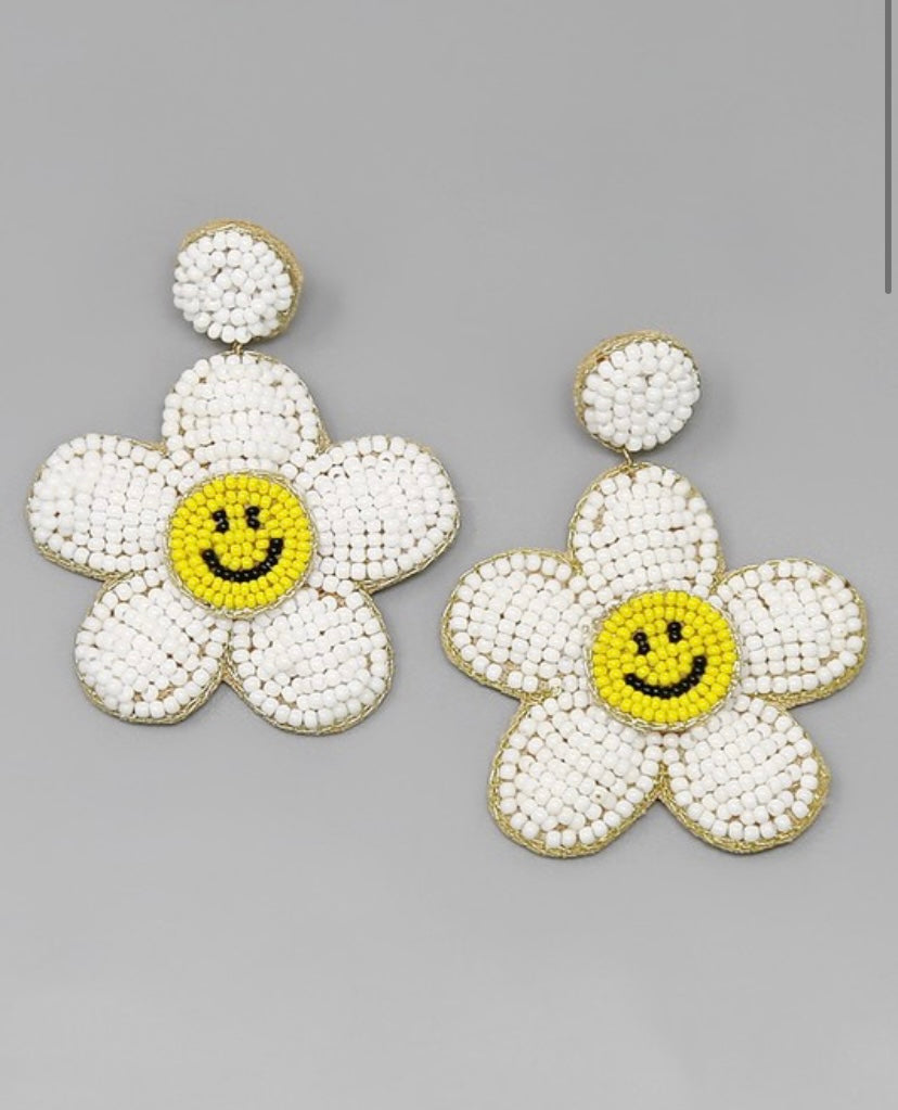 Smiley Face Flower Seed Bead Drop Earrings